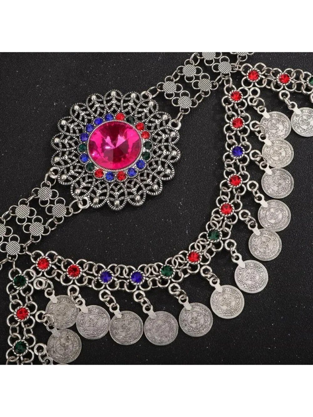 Boho Crystal Rhinestone Body Chain Belt with Silver Coin Pendant & Tassels